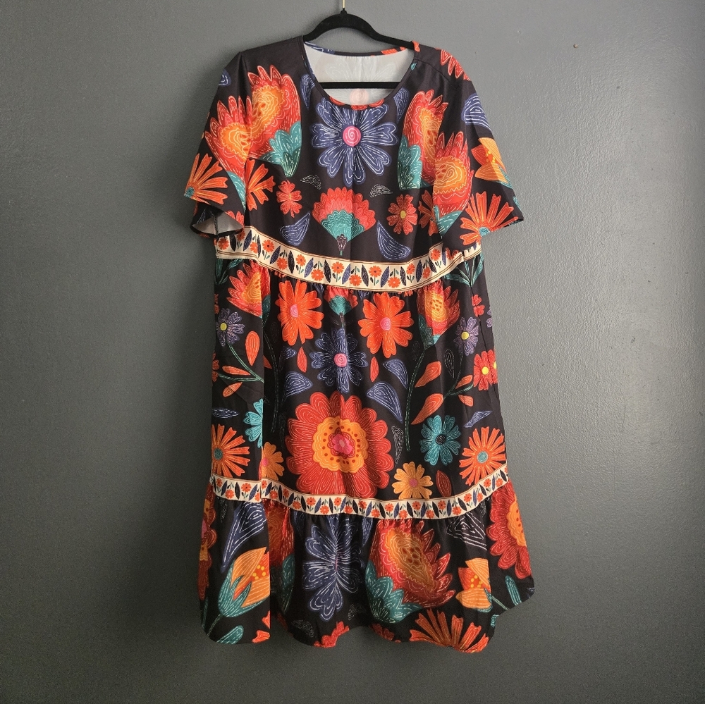 Emery Rose Bohemian Floral Midi Dress - Black and Orange - Picture 4 of 4